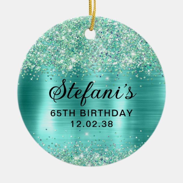 Glittery Turquoise Foil 65th Birthday  Ceramic Tree Decoration (Front)