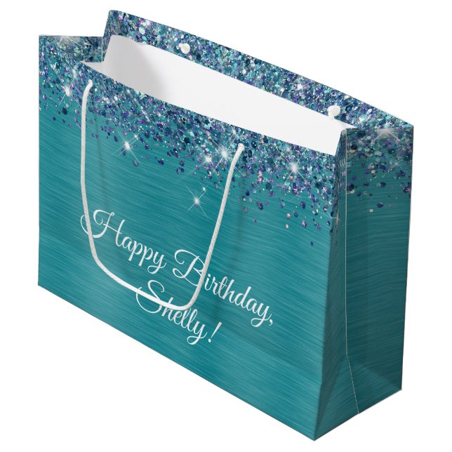 Glittery Turquoise Personalised Happy Birthday Large Gift Bag (Front Angled)