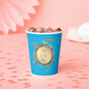 Glittery Turtle on Blue Birthday Customised Paper Cups