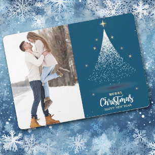 Glittery White Christmas Tree Blue Two Photo Holiday Card