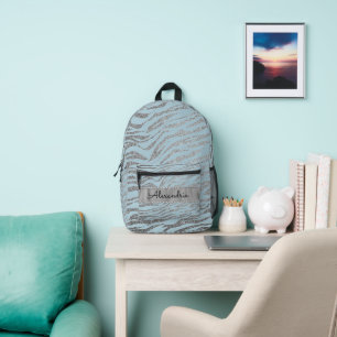 Glittery Zebra Print on Blue Personalised Printed Backpack