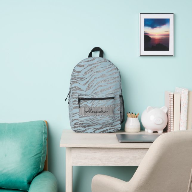 Glittery Zebra Print on Blue Personalised Printed Backpack (Insitu)