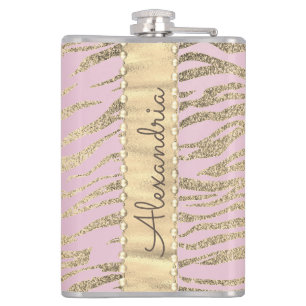 Glittery Zebra Print on Pink Blush Personalised Hip Flask