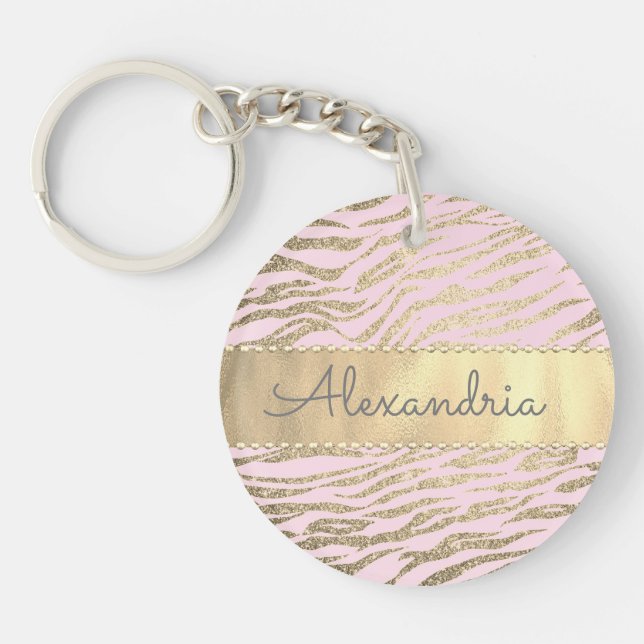 Glittery Zebra Print on Pink Blush Personalised Key Ring (Front)
