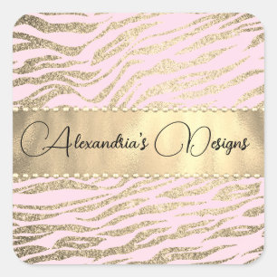 Glittery Zebra Print on Pink Logo Personalised Square Sticker