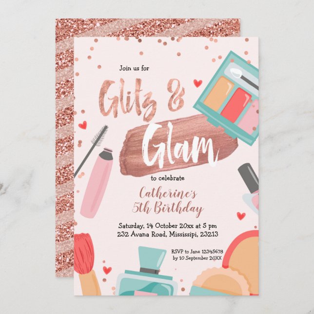 Glitz and Glam Rose Gold Birthday Invitation (Front/Back)