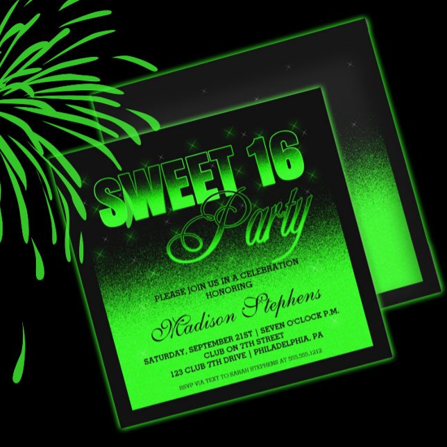 Glitz and Glamourous Black and Neon Green Sweet 16 Invitation (Creator Uploaded)