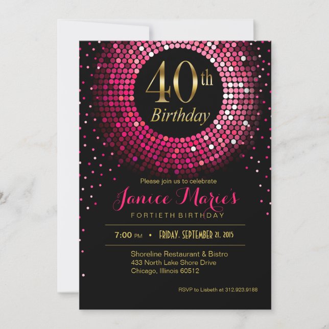 Glitz Bling Confetti 40th Birthday | fuchsia gold Invitation (Front)