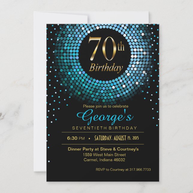 Glitz Bling Confetti 70th Birthday blue gold black Invitation (Front)