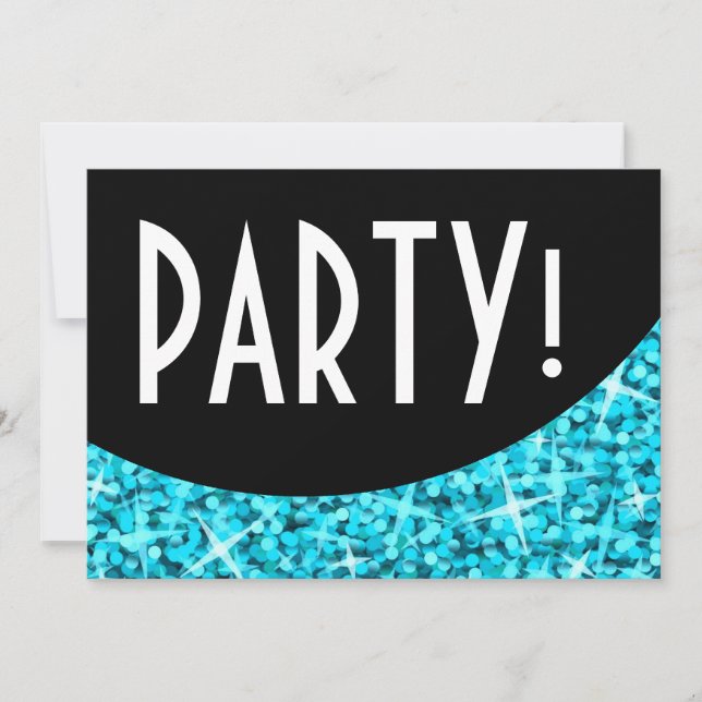Glitz Blue black curve 'Party!' invitation (Front)