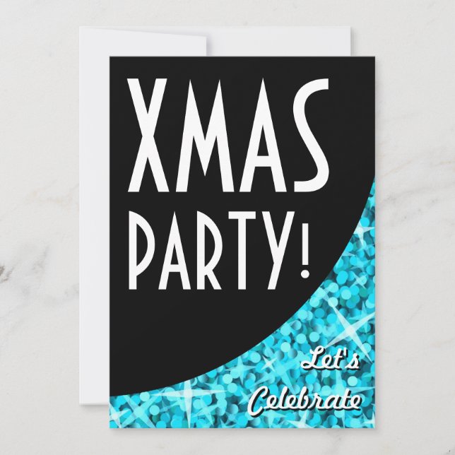 Glitz Blue black curve Xmas Party! invitation (Front)