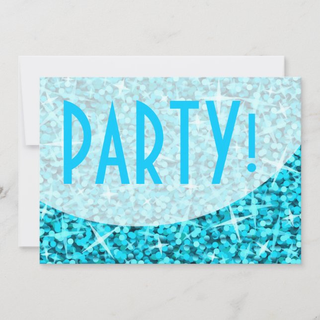 Glitz Blue curve 'Party!' invitation (Front)