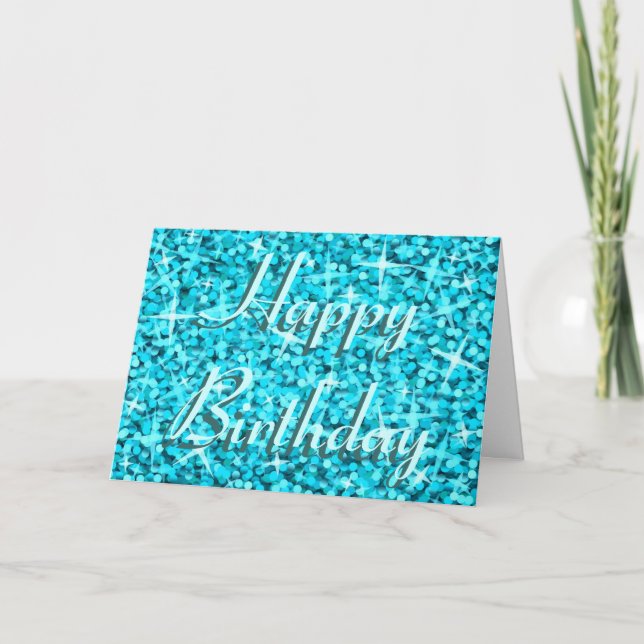 Glitz Blue 'Happy Birthday' ribbon text card (Front)