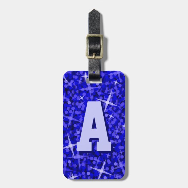 Glitz Blue initial text luggage tag (Front Vertical)