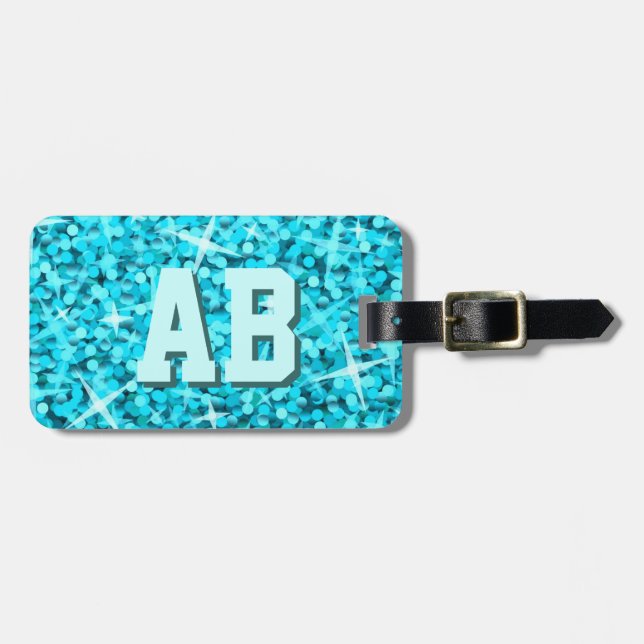 Glitz Blue initials luggage tag 2 sides (Front Horizontal)