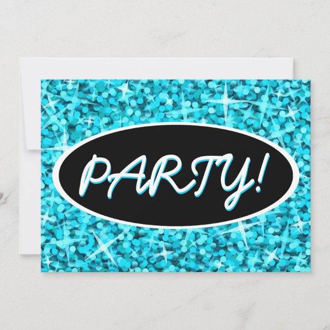 Glitz Blue 'Party!' black oval invitation (Front)