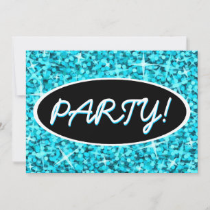 Glitz Blue 'Party!' black oval invitation