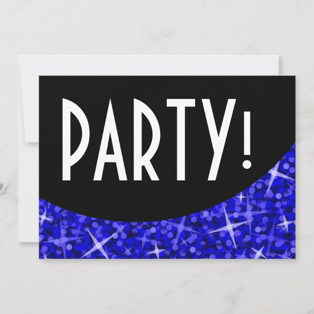 Glitz Dark Blue black curve 'Party!' invitation (Front)