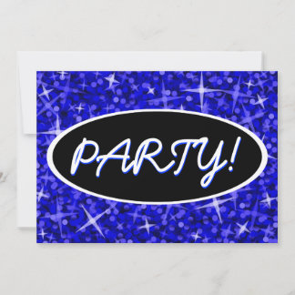 Glitz Dark Blue 'Party!' black oval invitation