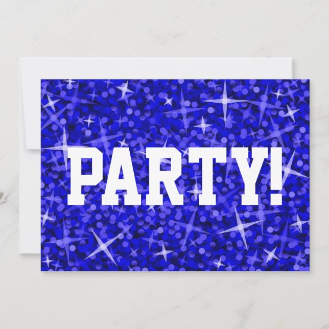 Glitz Dark Blue 'Party!' invitation white text (Front)