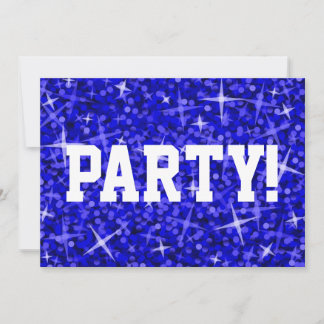 Glitz Dark Blue 'Party!' invitation white text