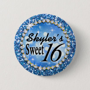 Glitz Glam Bling Sweet 16 Celebration blue 6 Cm Round Badge