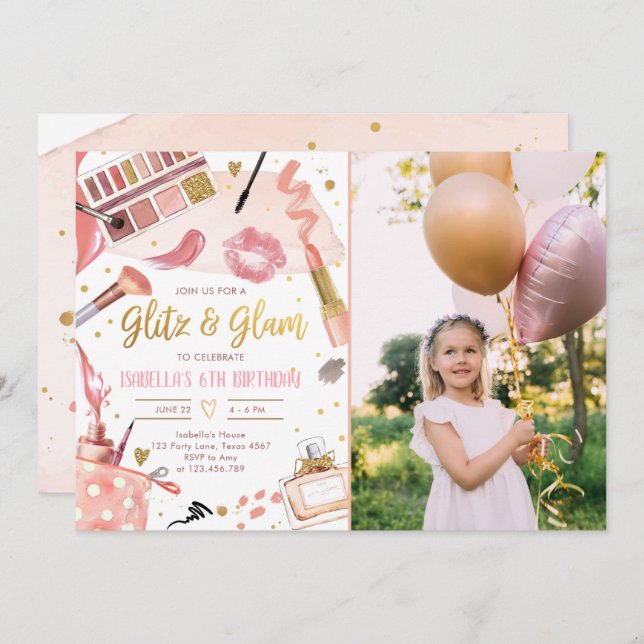 Glitz Glam Glamour Party Spa Girl Makeup Birthday Invitation (Front/Back)