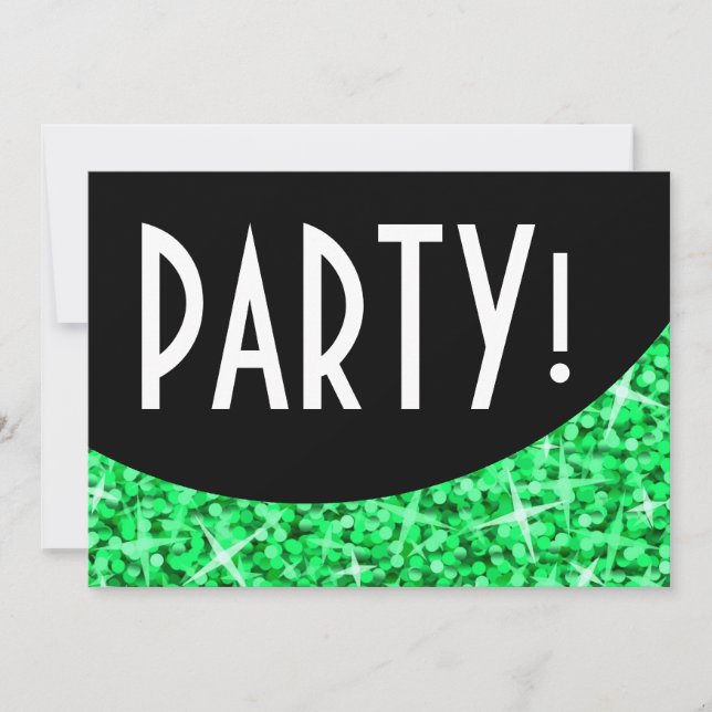 Glitz Green black curve 'Party!' invitation (Front)