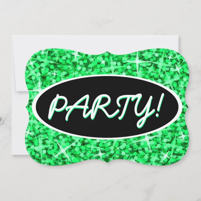Glitz Green 'Party!' black oval bracket Invitation (Front)