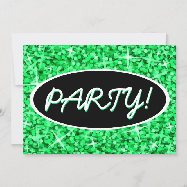 Glitz Green 'Party!' black oval invitation (Front)