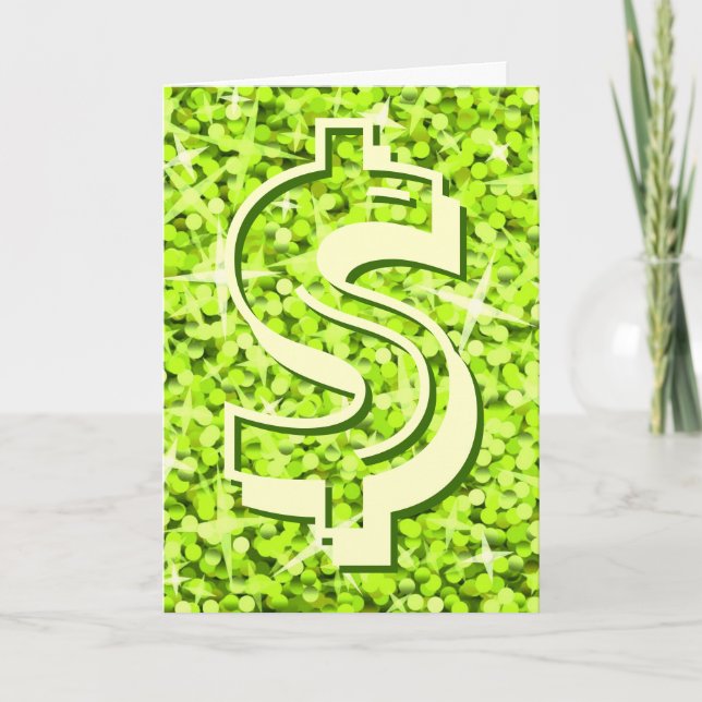 Glitz Lime dollar "$" 'Your Text' greetings card (Front)
