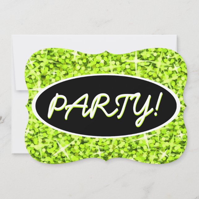 Glitz Lime 'Party!' black oval bracket Invitation (Front)
