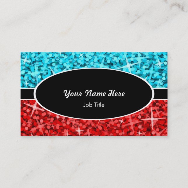 Glitz Mix Blue Red black oval business card (Front)