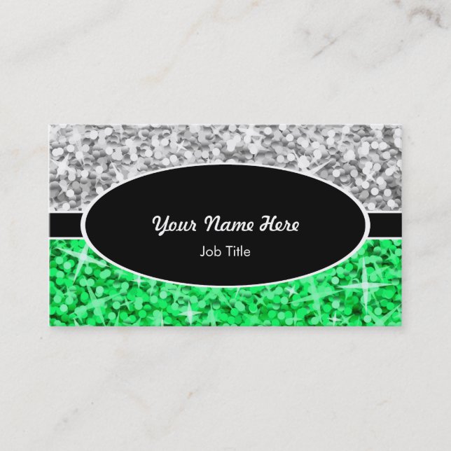 Glitz Mix "Silver" Green black oval business card (Front)