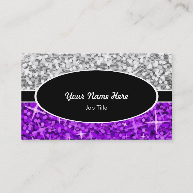 Glitz Mix "Silver" Purple black oval business card (Front)