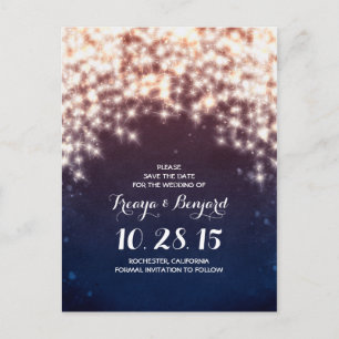 Glitz of string lights save the date postcards