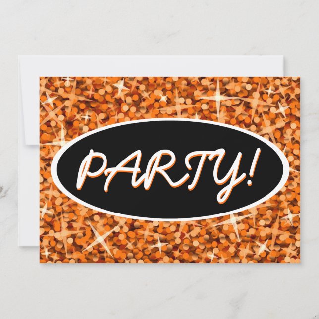 Glitz Orange 'Party!' black oval invitation (Front)