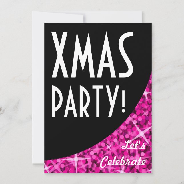 Glitz Pink black curve "Xmas Party!" invitation (Front)
