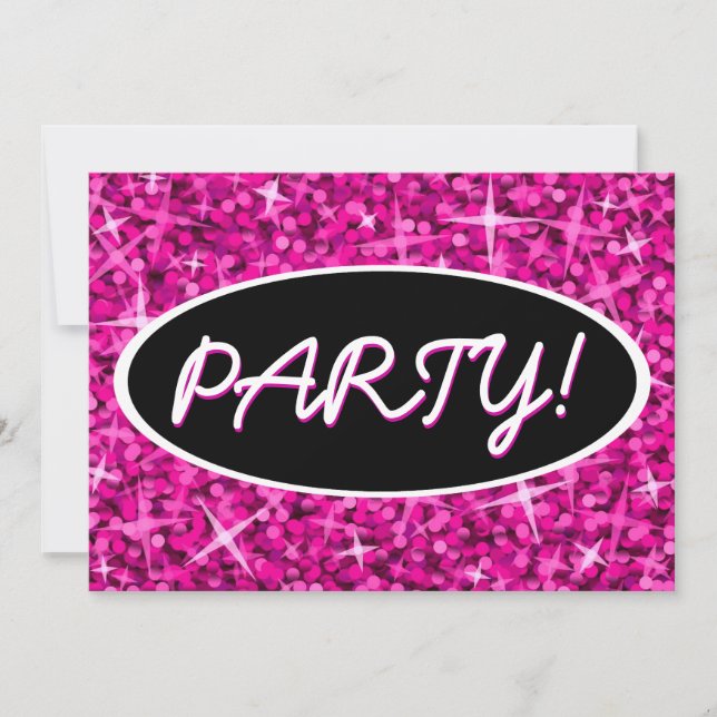 Glitz Pink 'Party!' black oval invitation (Front)