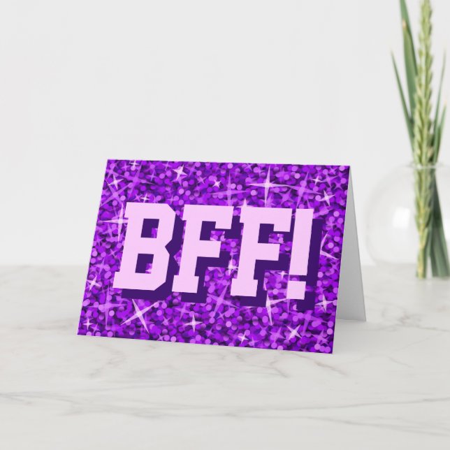 Glitz Purple 'BFF!' 'Your Text' greetings card (Front)