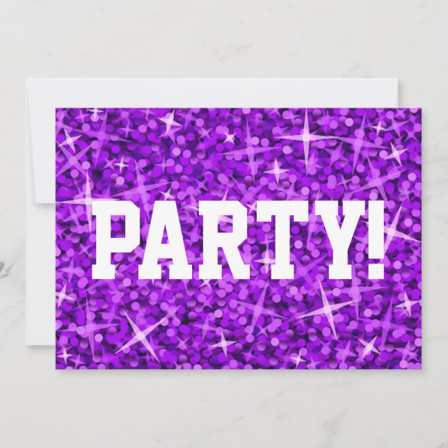 Glitz Purple 'Party!' invitation white text (Front)