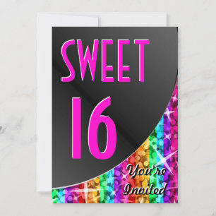 Glitz Rainbow Stripe black curve "Sweet 16" Invitation