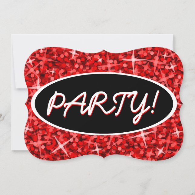 Glitz Red 'Party!' black oval invitation bracket (Front)