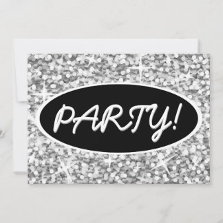 Glitz "Silver" 'Party!' black oval invitation