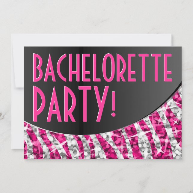 Glitz Zebra Pink black curve 'Bachelorette Party' Invitation (Front)
