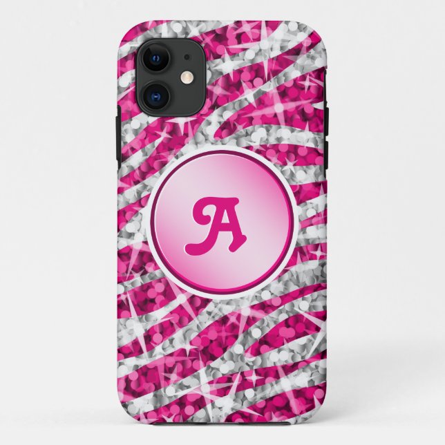 Glitz Zebra Pink monogram iPhone pink tough Case-Mate iPhone Case (Back)