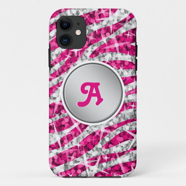 Glitz Zebra Pink monogram iPhone "silver" Case-Mate iPhone Case (Back)
