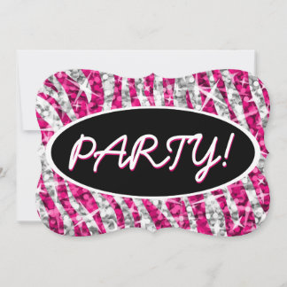 Glitz Zebra Pink 'Party!' black oval bracket Invitation