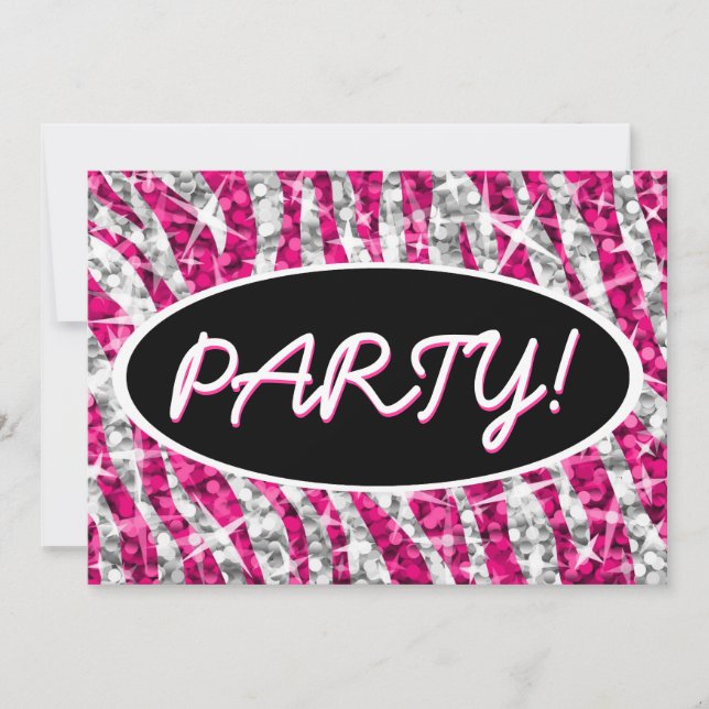 Glitz Zebra Pink 'Party!' black oval invitation (Front)