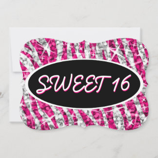 Glitz Zebra Pink 'Sweet 16' black oval bracket Invitation